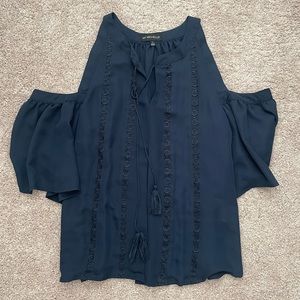 Navy Dressy Blouse with Cold Shoulder